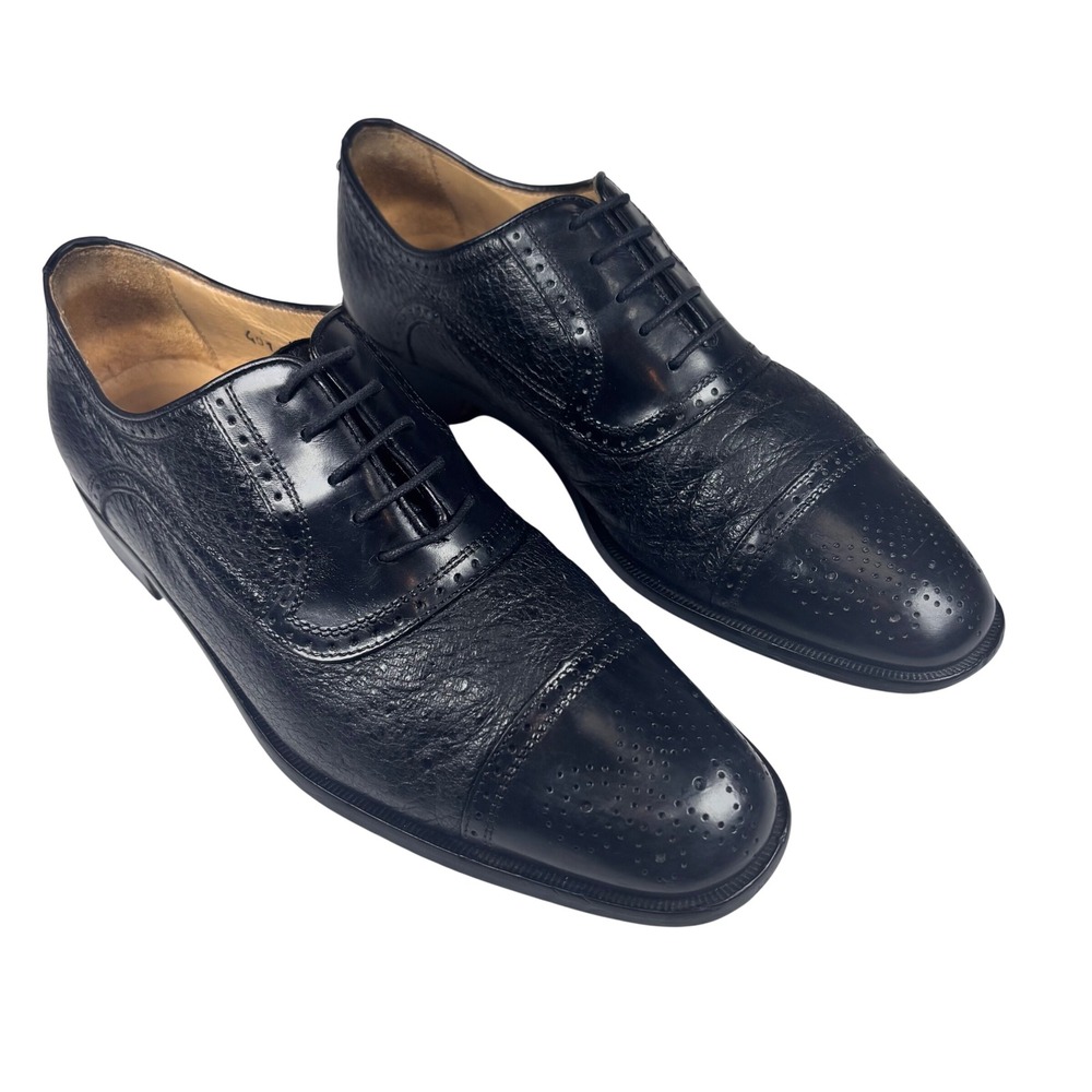 Zelli Oxford Shoes Black Pebble Leather Cap Toe Brogue ITALY Mens‎ 9.5 M